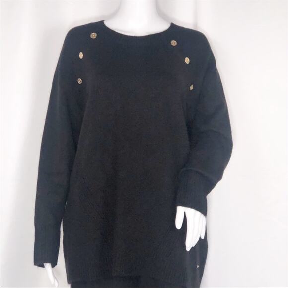 Calvin Klein Black Scoop Neck Gold Buttons Sweater SzL Long Sleeves & Loose Fit - Picture 3 of 13